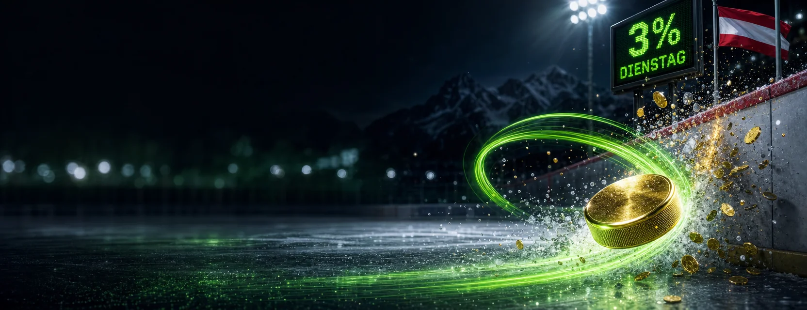 Goldener Eishockey-Puck prallt in einer grünen Lichtschleife von der Bande zurück, daneben eine Anzeige mit 3% und DIENSTAG