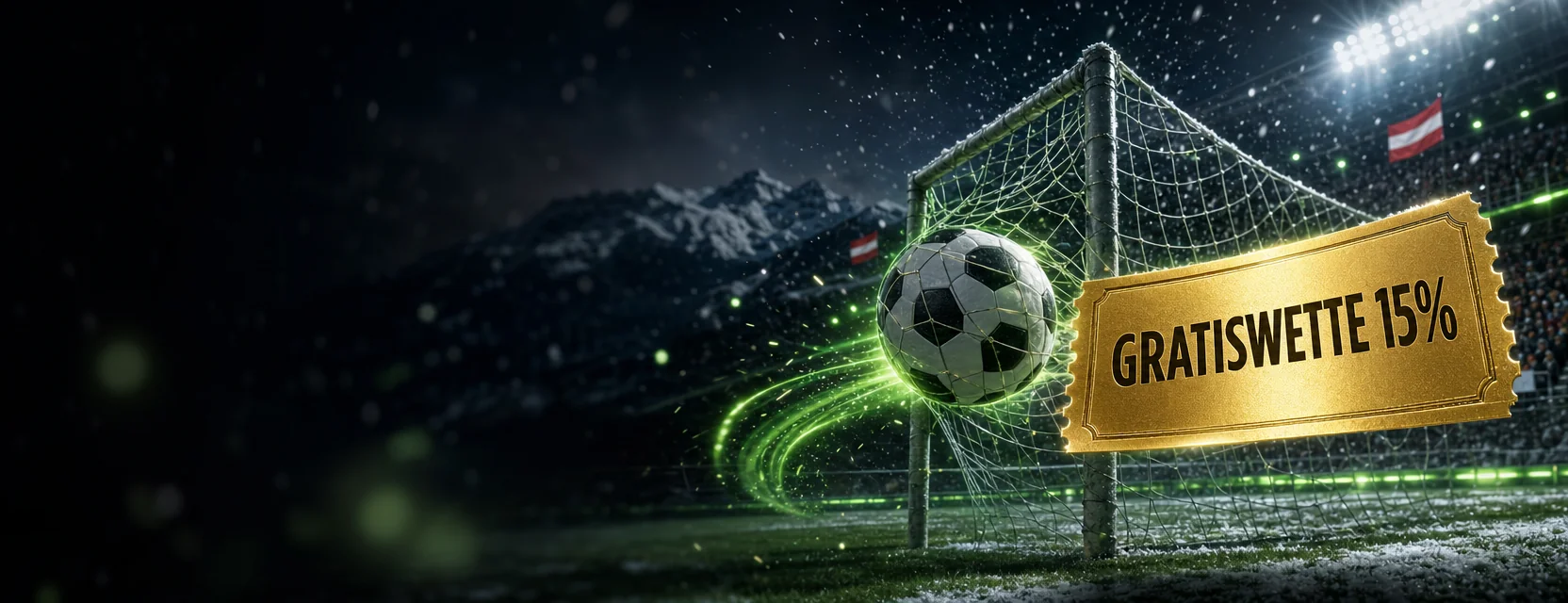 Fußball im Tornetz bei Schneefall, daneben ein goldener Gutschein mit der Aufschrift GRATISWETTE 15%