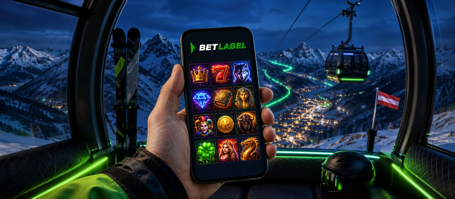 Hand mit Handy und BetLabel-Casino-Lobby in einer Seilbahngondel über verschneiten Alpenhängen zur blauen Stunde