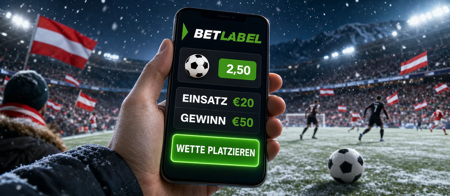 Hand mit Handy und BetLabel-Wettschein: Quote 2,50, Einsatz €20, Gewinn €50 und die Taste WETTE PLATZIEREN, dahinter ein Fußballspiel bei Flutlicht Hand mit Handy und BetLabel-Wettschein: Quote 2,50, Einsatz €20, Gewinn €50 und die Taste WETTE PLATZIEREN, dahinter ein Fußballspiel bei Flutlicht