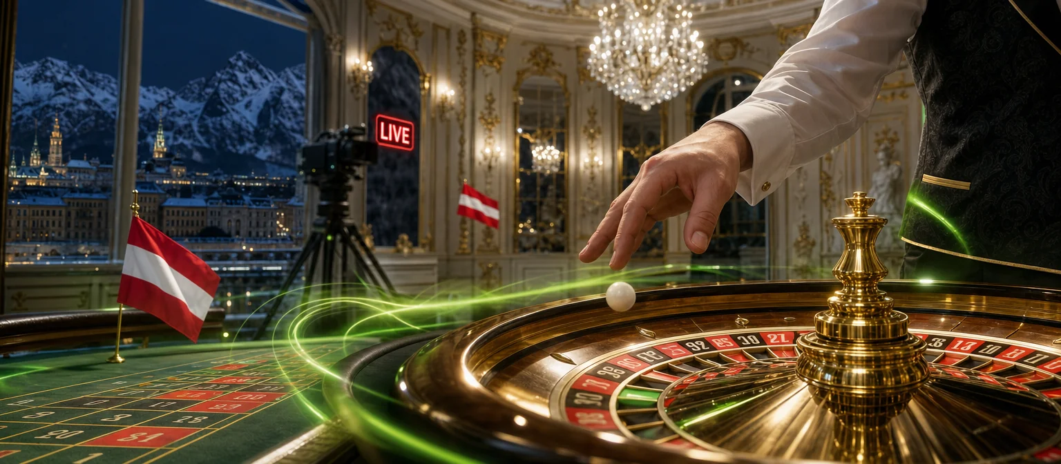 Hand eines Croupiers lässt die Kugel in einen goldenen Roulettekessel fallen, Live-Studio im Stil eines Wiener Ballsaals mit rotem LIVE-Zeichen