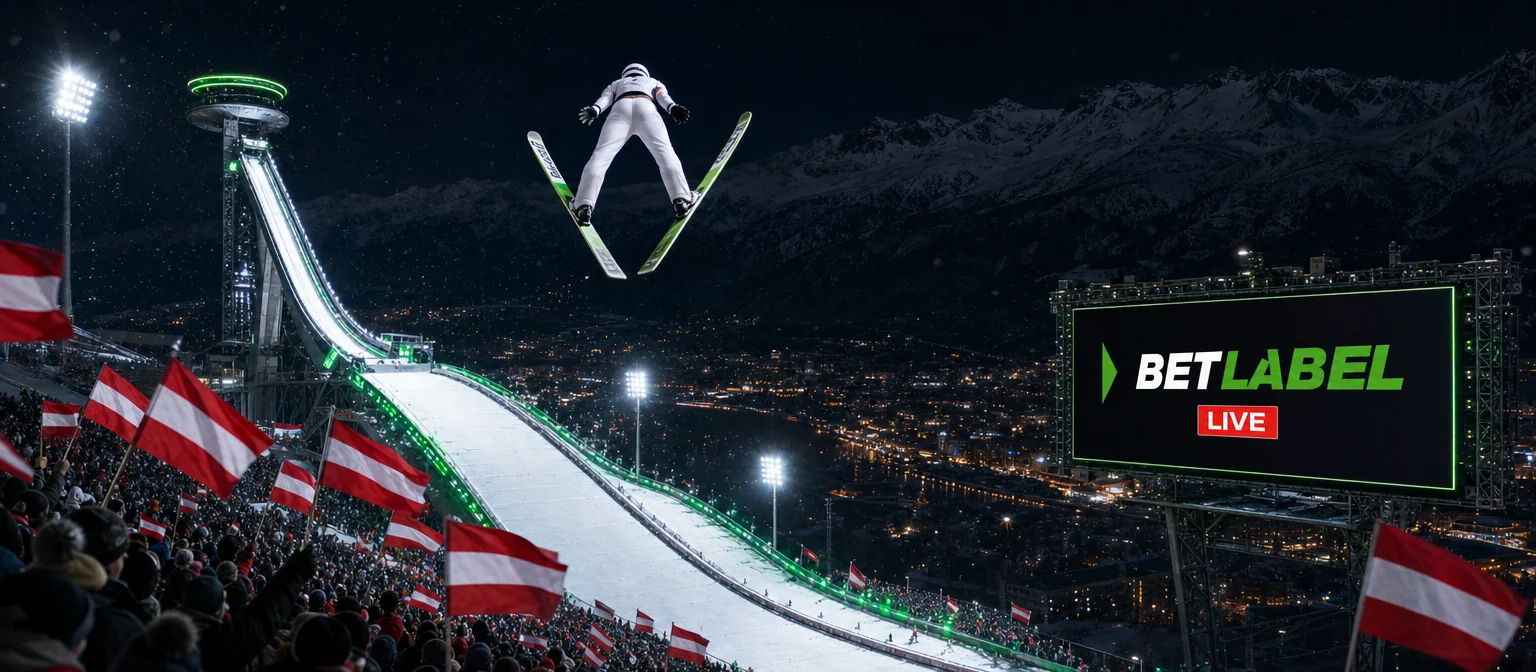 Skispringer im Flug über einer beleuchteten Sprungschanze bei Nacht, auf der Videowand das BetLabel-Logo und das rote Zeichen LIVE Skispringer im Flug über einer beleuchteten Sprungschanze bei Nacht, auf der Videowand das BetLabel-Logo und das rote Zeichen LIVE