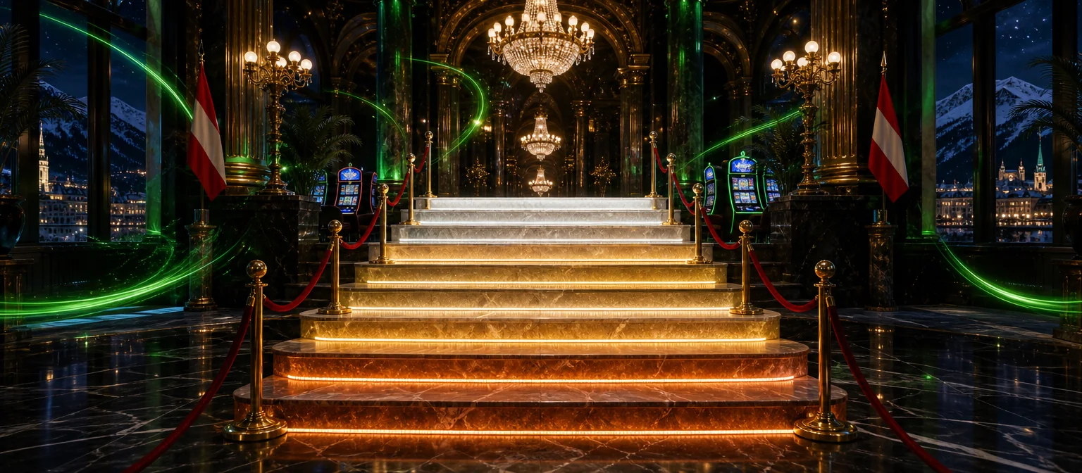 Acht beleuchtete Stufen einer Treppe in einem barocken Spielsaal, von kupferfarben unten bis platinhell oben